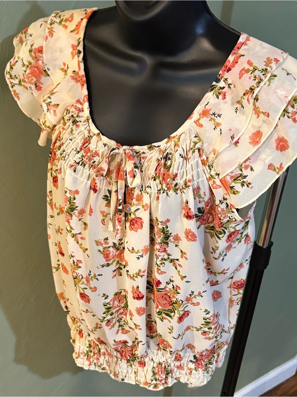 Marisol Rose Print Sheer Scoop Neck Ruffle-Sleeve Smock Blouse Women’s Size S